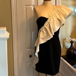 Cinq a Sept Black One Shoulder Dress with Cream Ruffle
